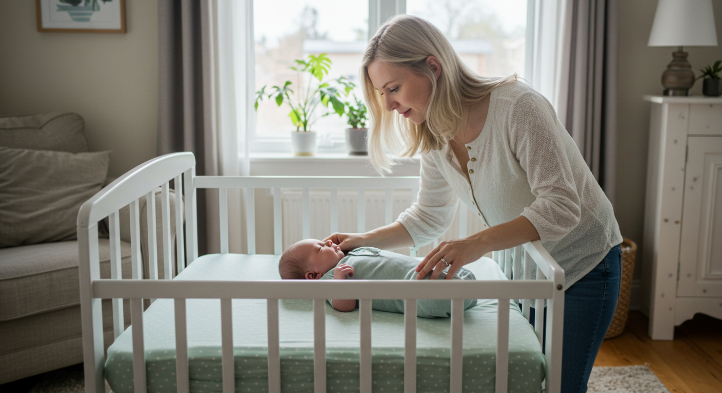 Мама укладывает новорожденного в белую кроватку с салатовым текстилем