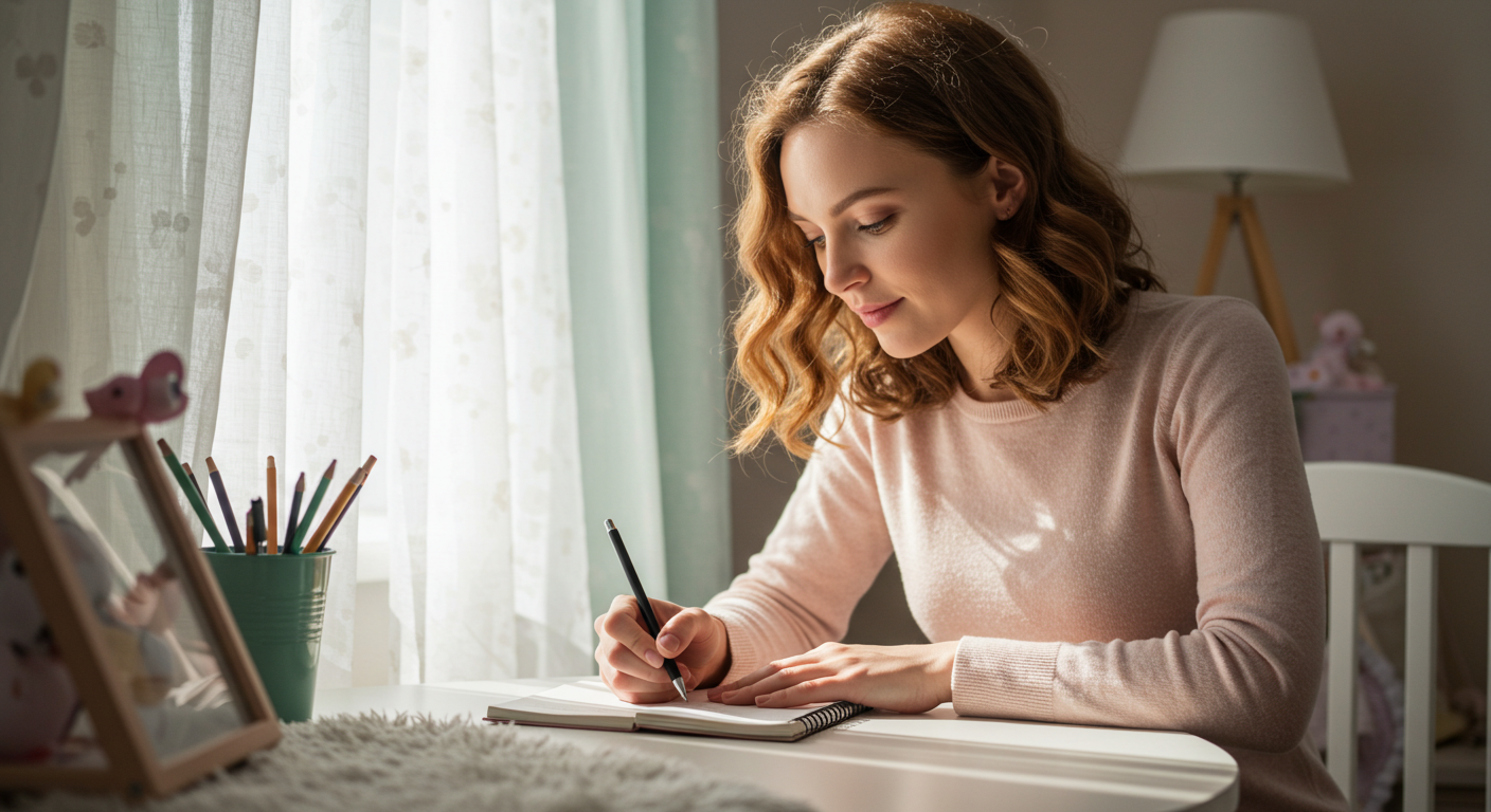 Мама записывает заметки в детской, рядом играет дочь