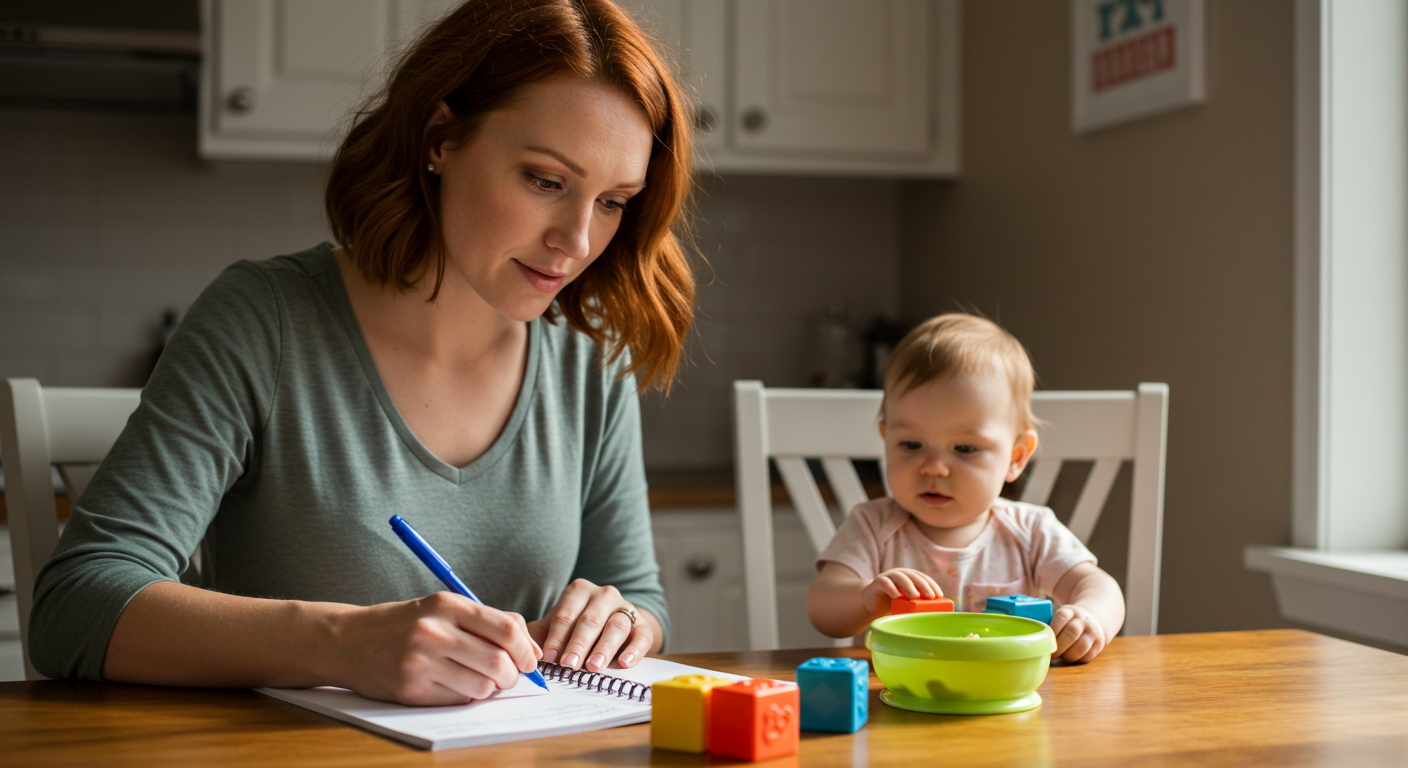 Мама записывает в журнал о детском питании с дочерью рядом
