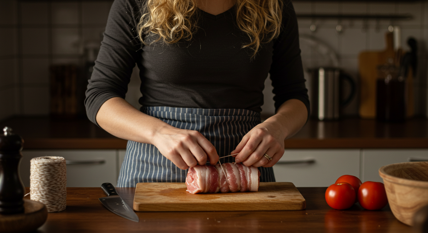 Мама завязывает рулет из свиного сала, неподалёку радостно стоит мальчик с укропом