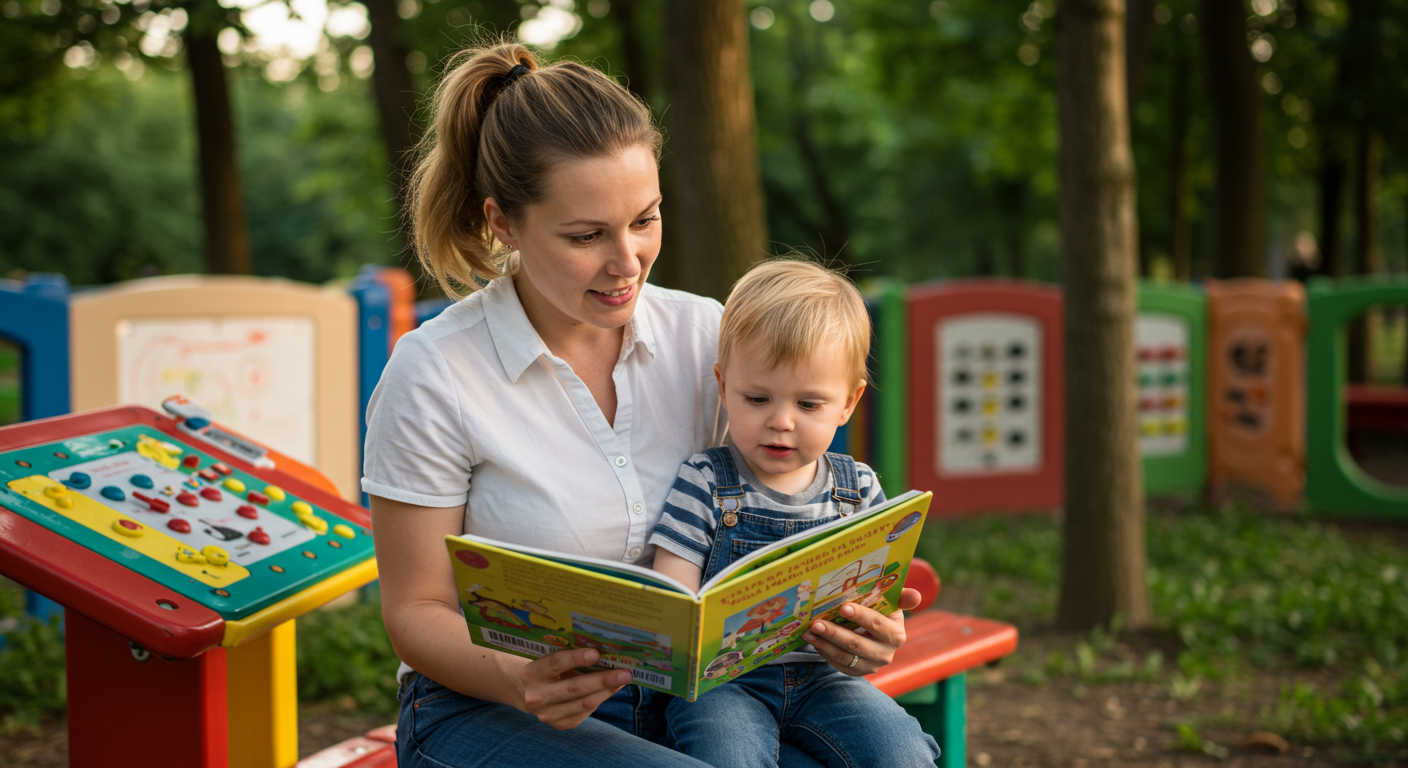 Мать читает книгу сыну на скамейке рядом с творческой детской зоной