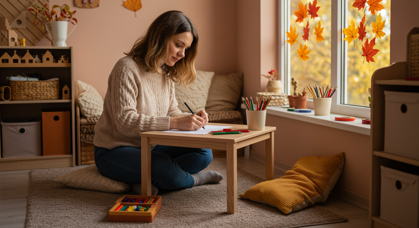 Мать и дочь рисуют за низким столом в уютной игровой комнате у окна