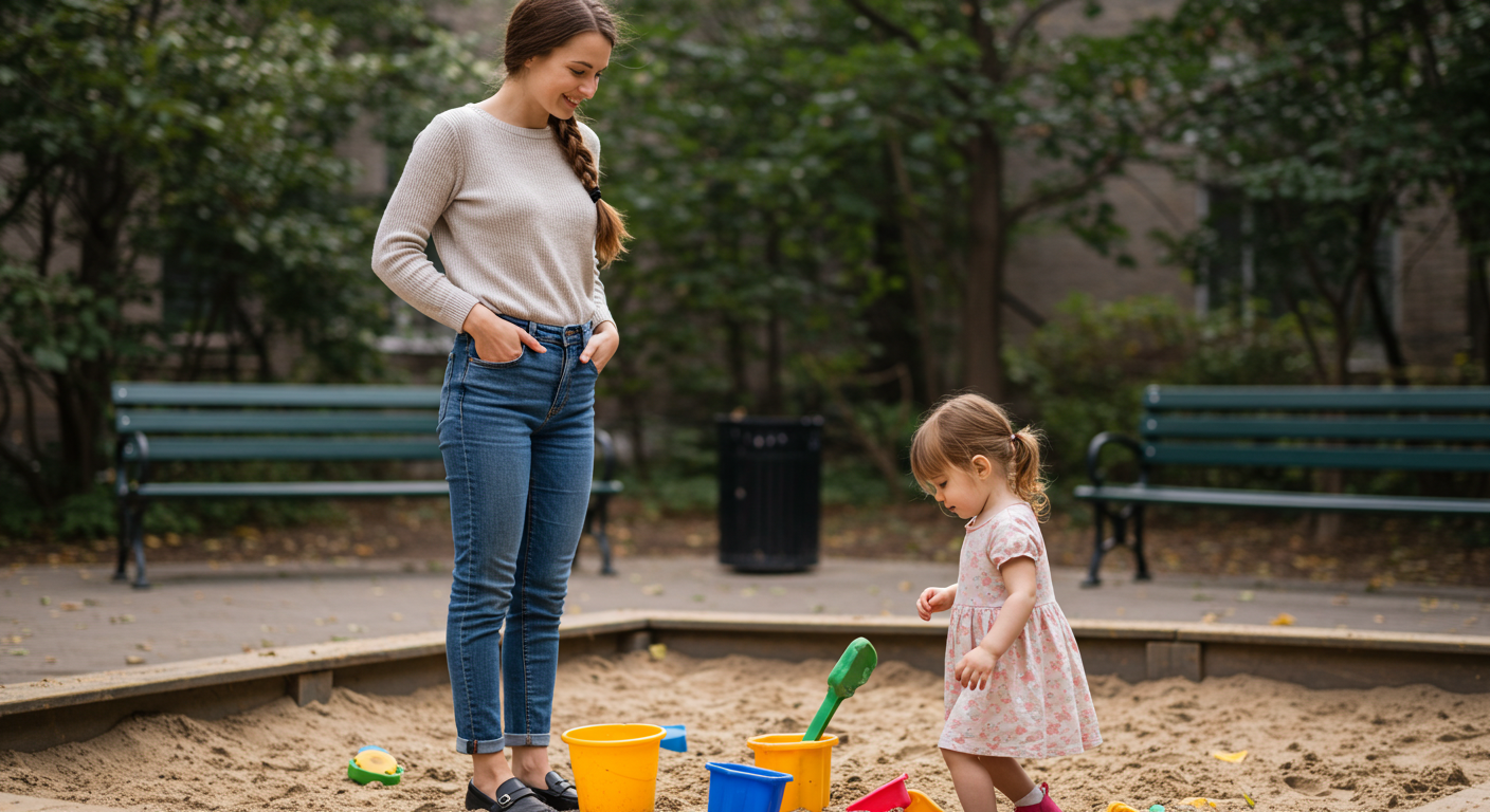 Мать наблюдает за дочерью, играющей в песочнице на площадке для детей 3 лет