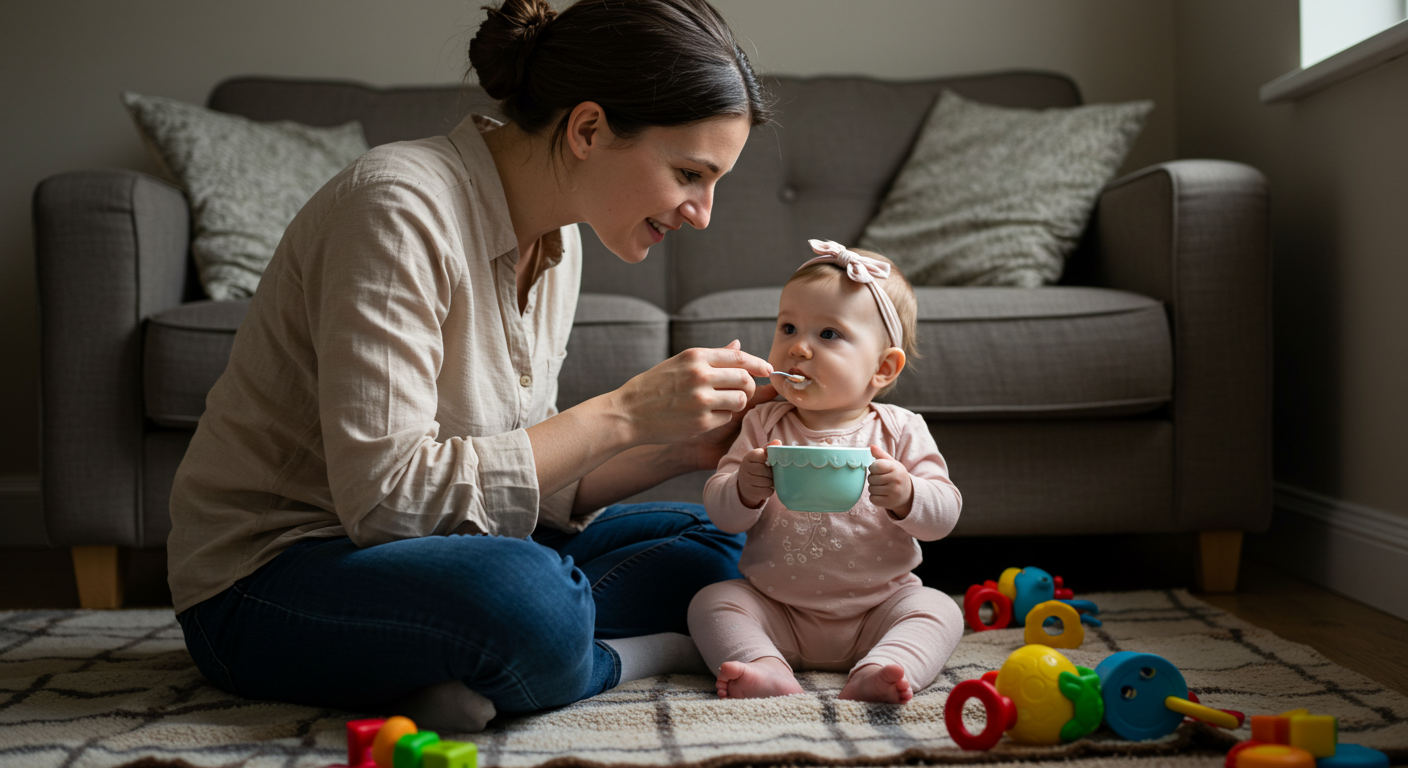 Мать помогает 6-месячной дочери пробовать первую кашу на коврике