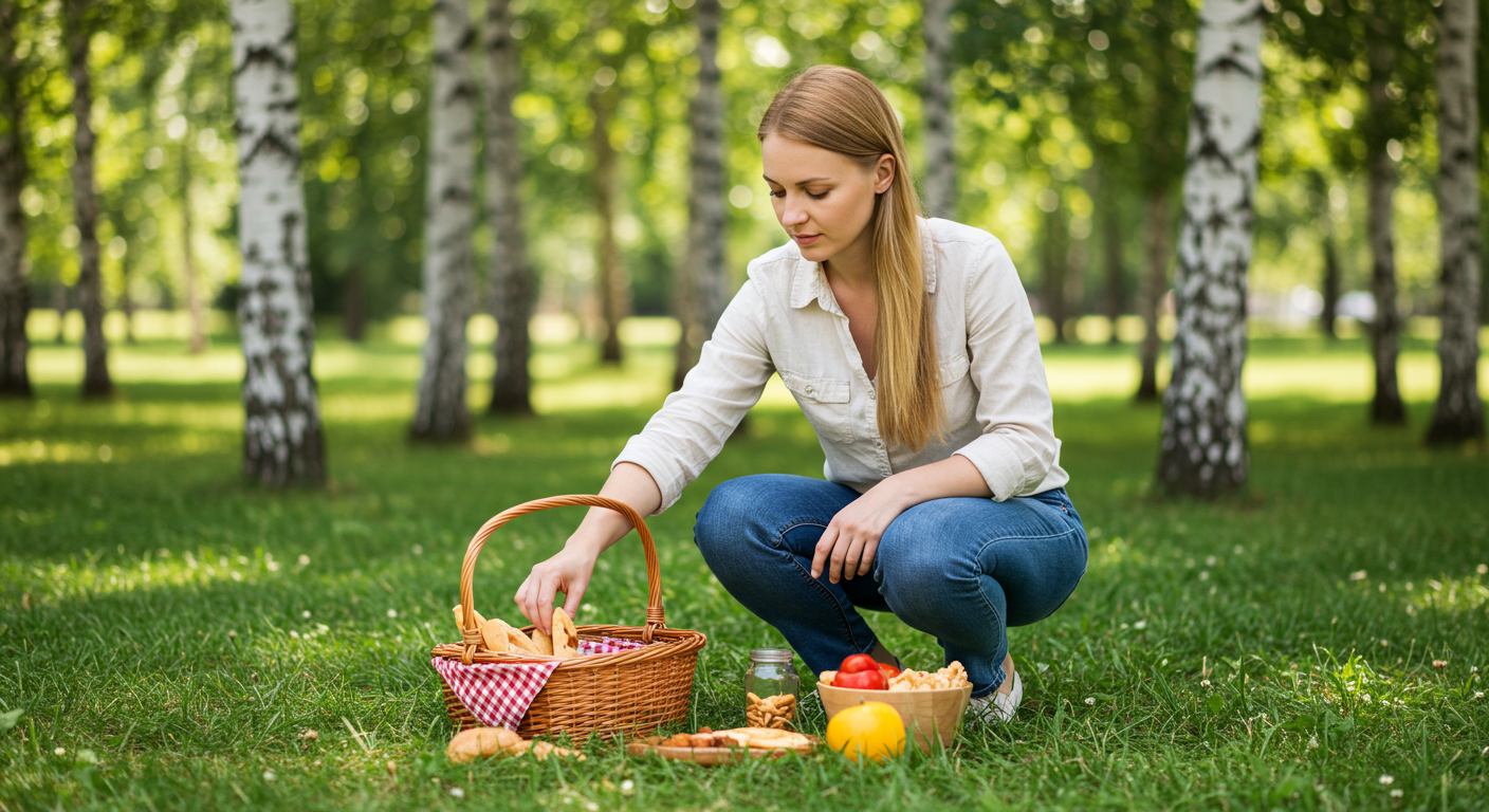 Мать помогает сыну выбрать закуски из корзины на солнечном лужайке