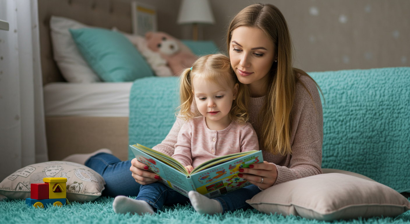 Мать читает книгу дочери на пастельном бирюзовом ковре в уютной спальне