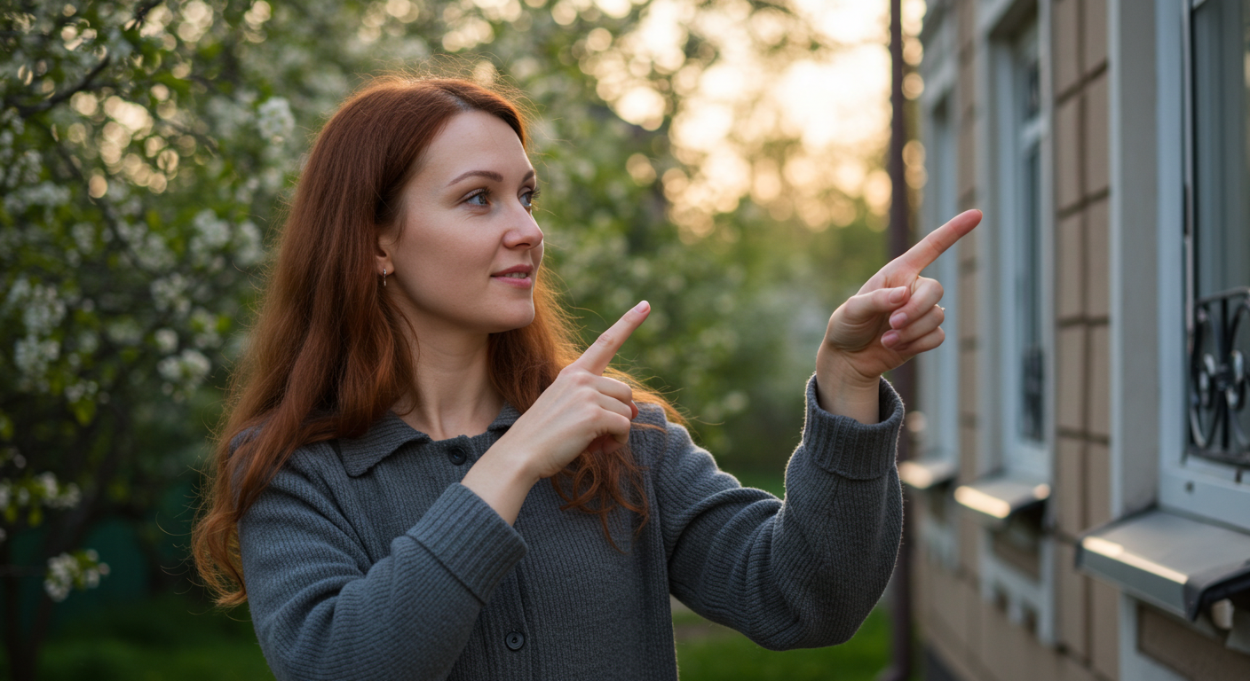 Мать с детьми указывают на декоративные элементы на соседнем доме