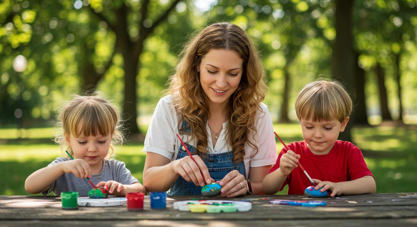 Мать вместе с детьми раскрашивает камни яркими красками на столе