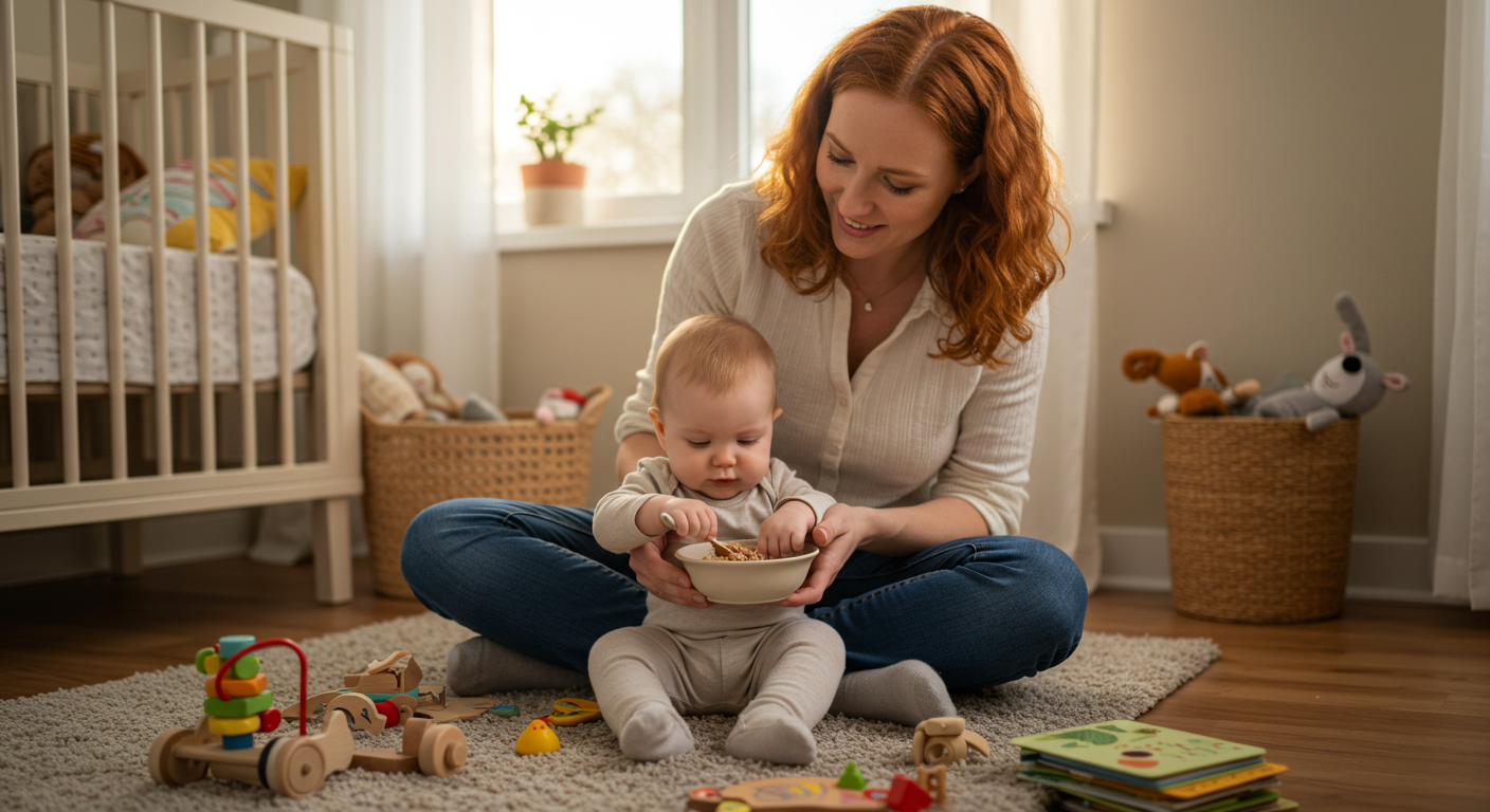 Мать улыбается, когда 8-месячная дочь касается ее миски с гречневой кашей