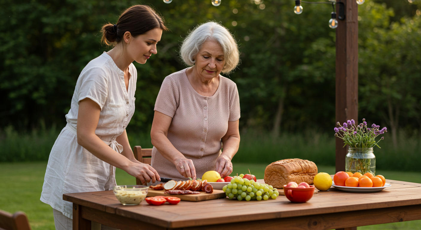 Многонациональная семья накрывает праздничный стол с домашними закусками в саду