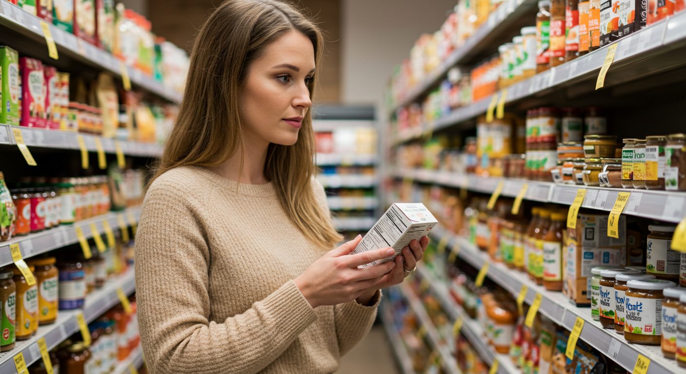 Молодая мама читает этикетку безмолочной каши в органическом магазине