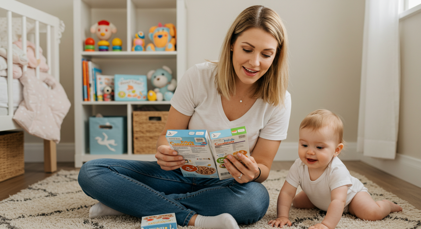 Молодая мама читает состав каш для прикорма рядом с дочерью