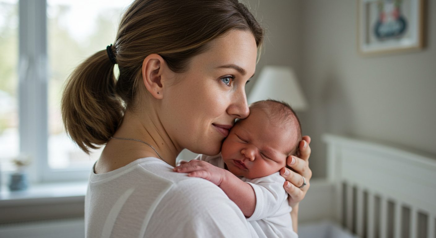 Молодая мама держит новорожденного на плече в уютной комнате с утренним светом