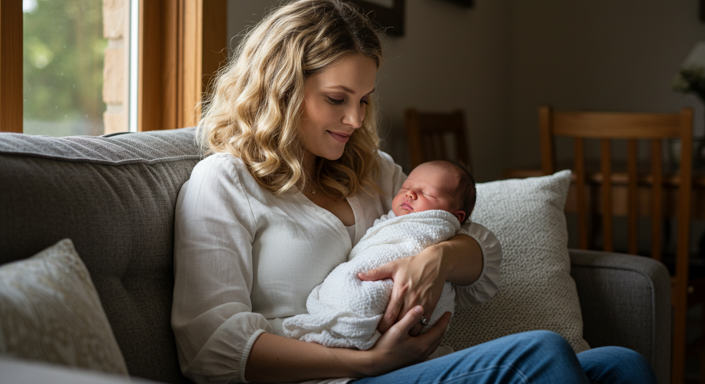 Молодая мама держит новорожденного в белом одеяле в светлом доме
