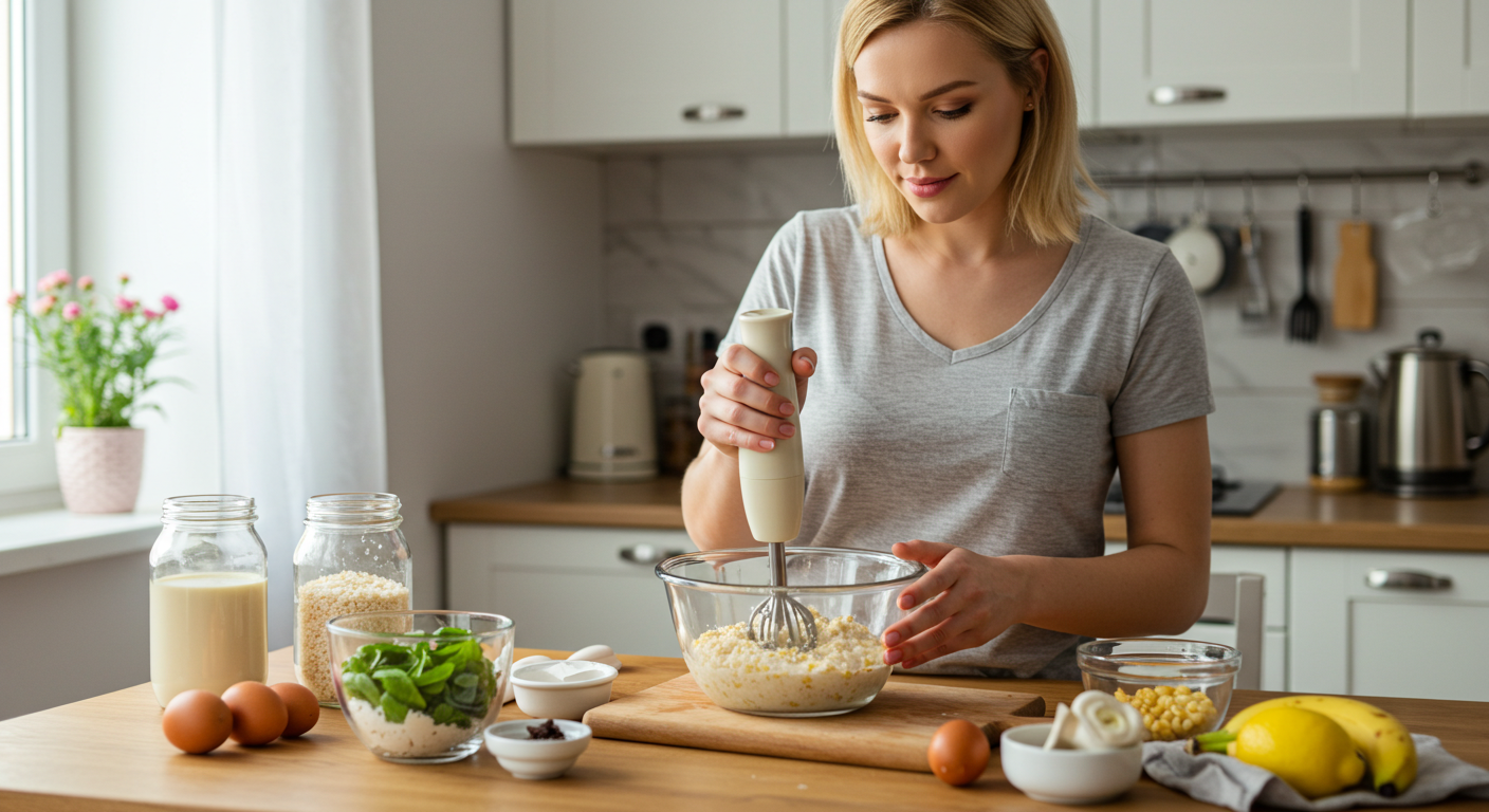 Молодая мама готовит домашнюю безмолочную кашу на деревянном столе