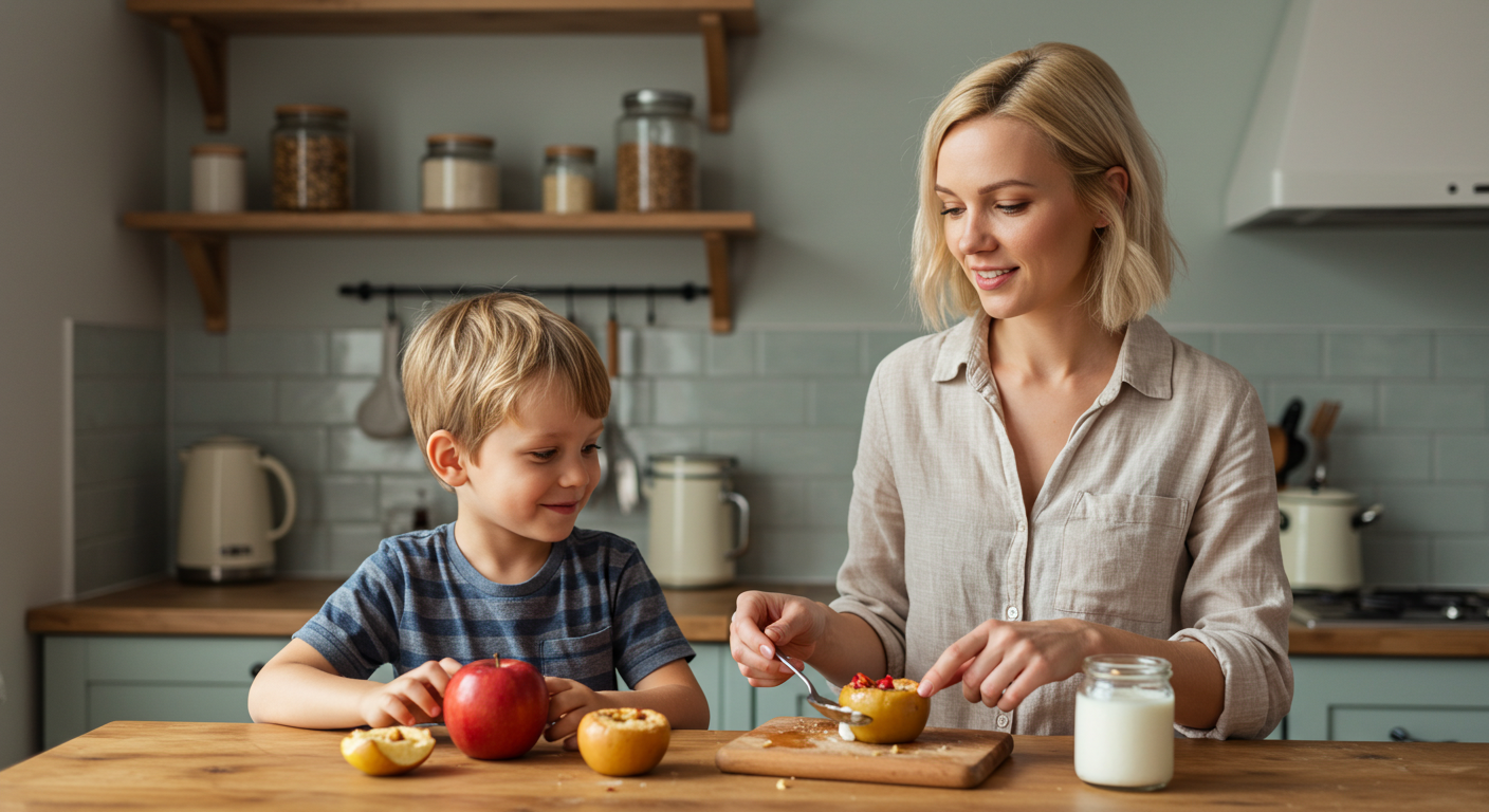 Молодая мама готовит полдник с запеченным яблоком и кефиром для сына
