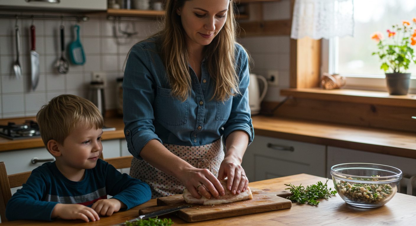 Молодая мама готовит рулет из сала с травами, её сын наблюдает в уютной кухне
