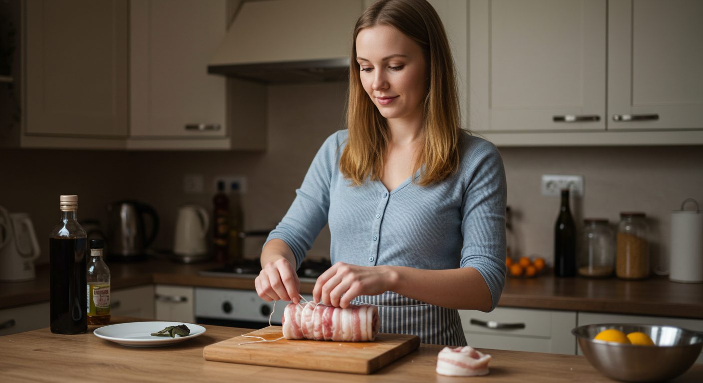 Молодая мама готовит рулет из сала в современной кухне при дневном свете