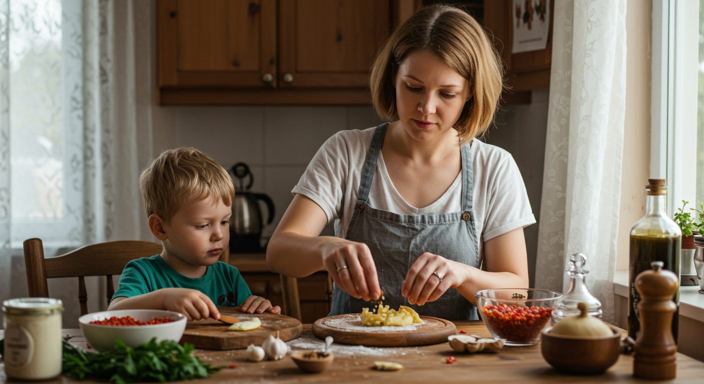Молодая мама готовит традиционное блюдо на кухне с сыном, добавляя специи