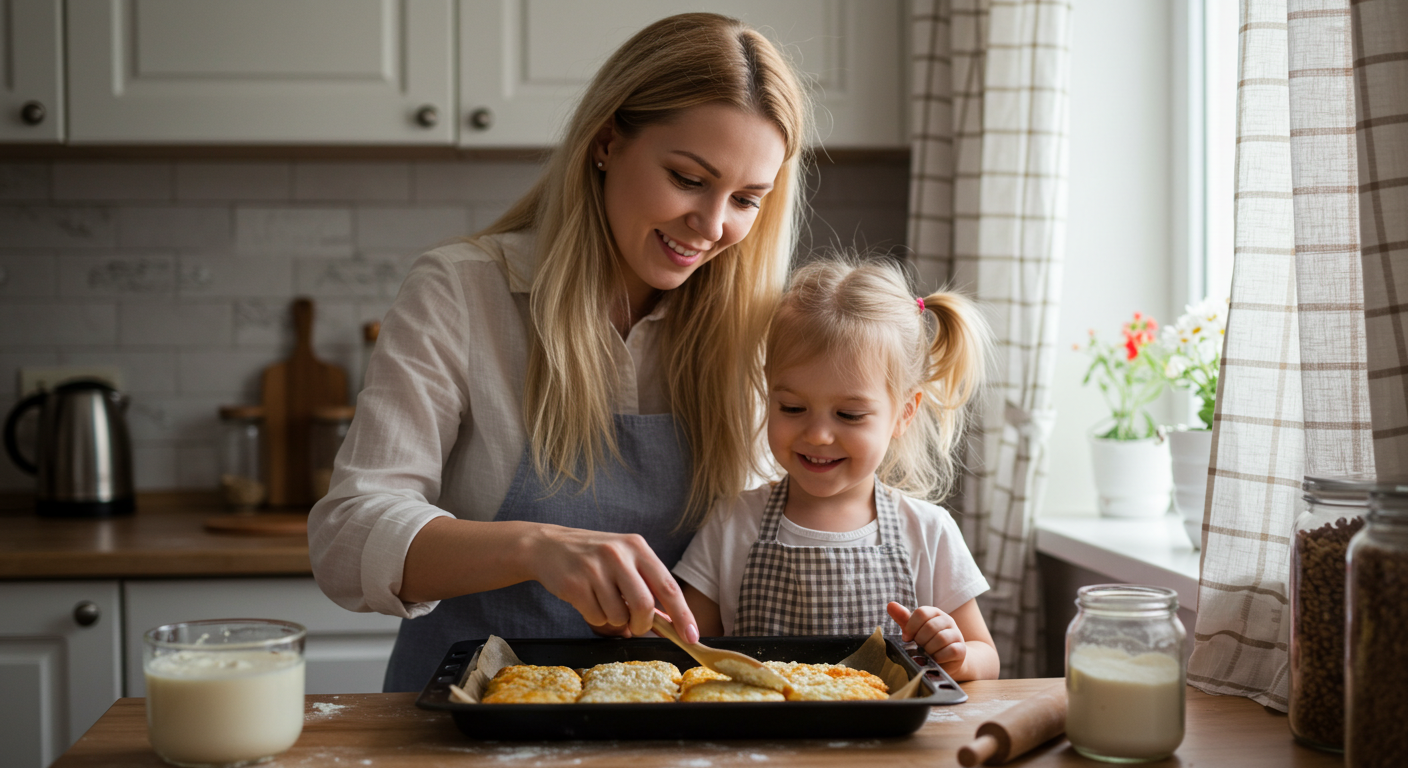 Молодая мама готовит творожную запеканку с дочкой в уютной кухне