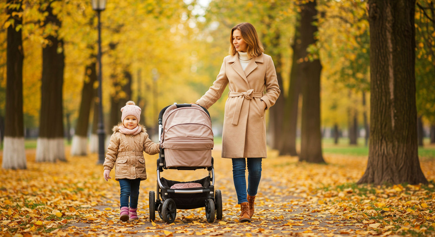 Молодая мама гуляет с дочерью в парке осенью с детской коляской
