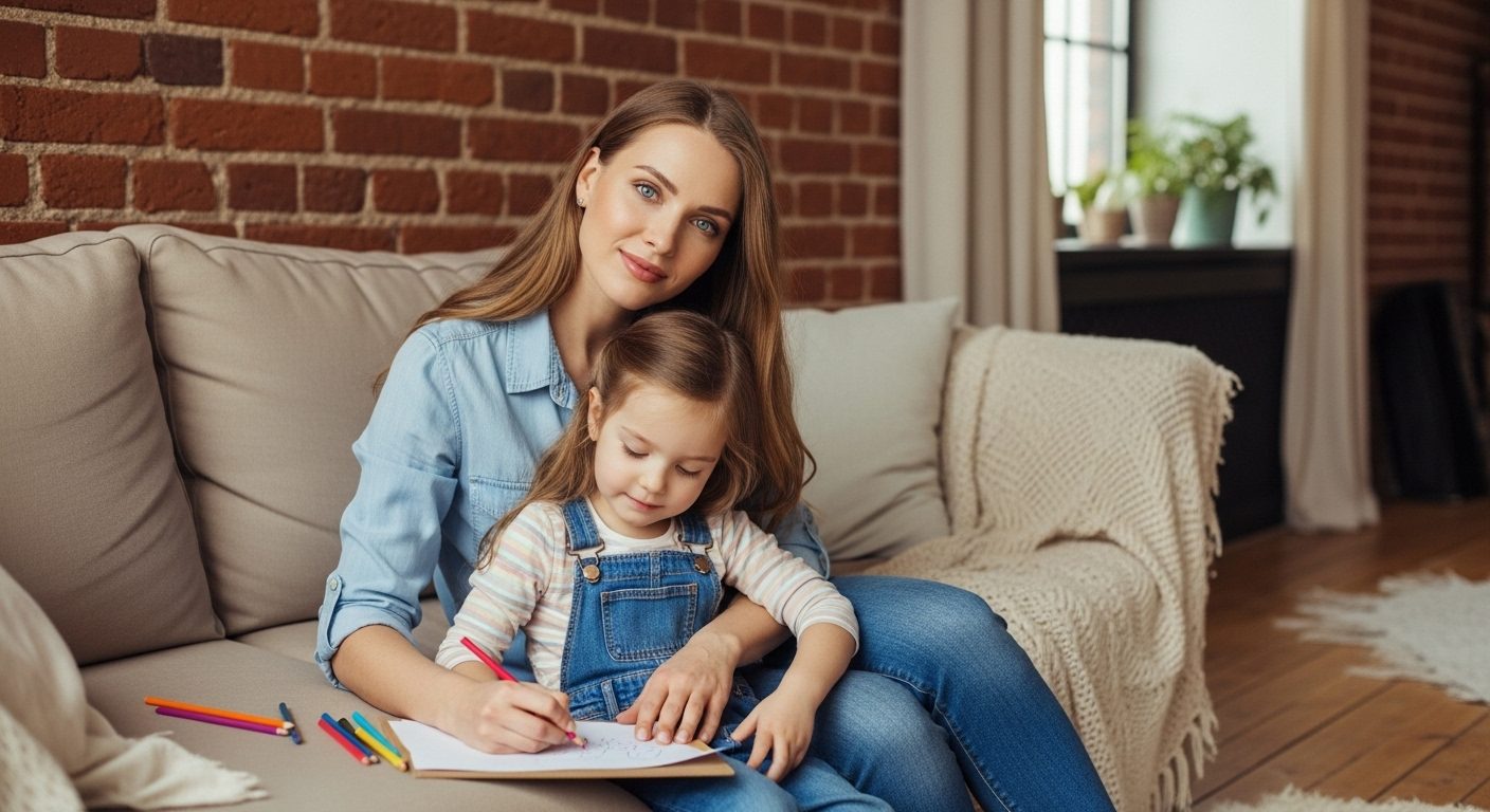 Молодая мама и дочь рисуют на фоне кирпичной стены в уютной гостиной