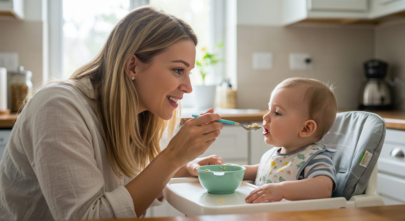Молодая мама кормит 5-месячного сына кашей в яркой кухне