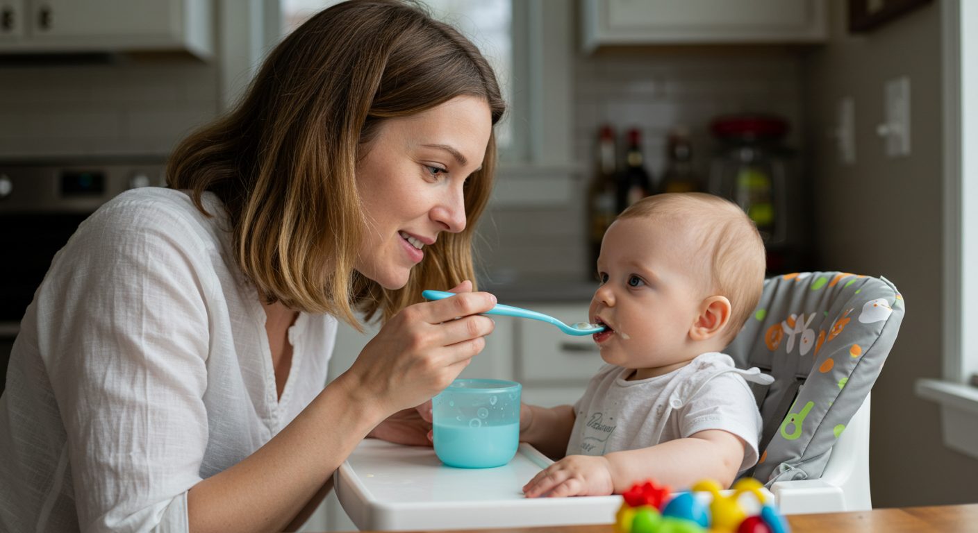 Молодая мама кормит шестимесячного сына кашей в светлой кухне
