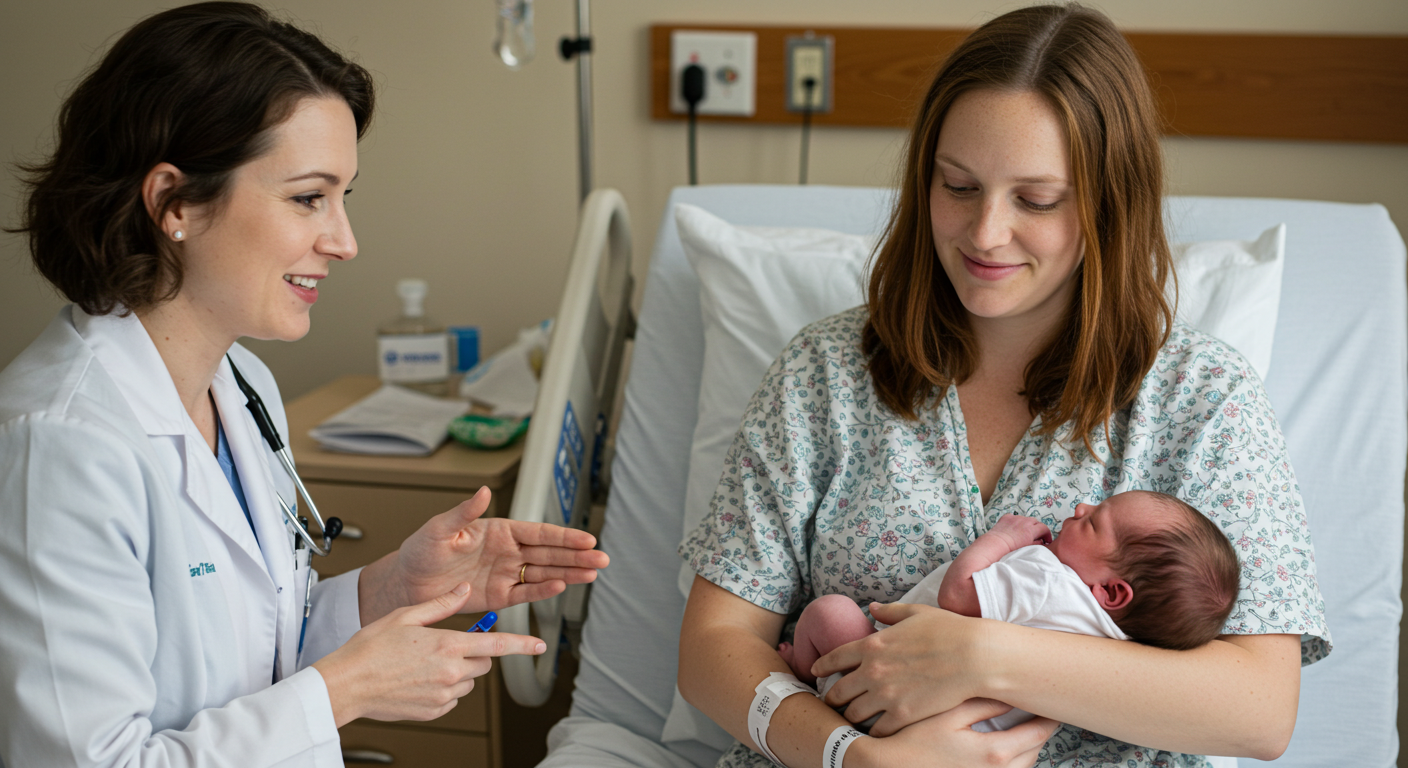 Молодая мама на больничной кровати с новорожденным, рядом врач