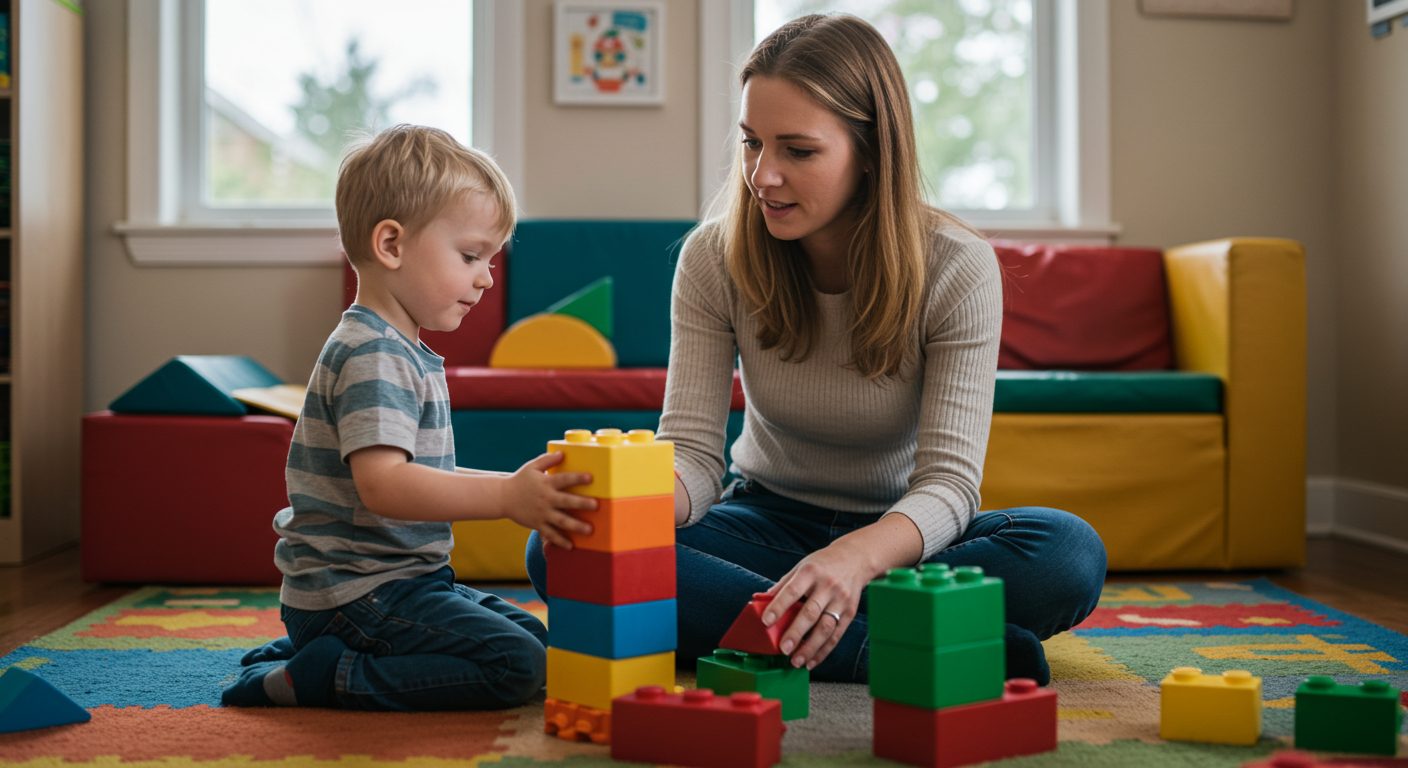 Молодая мама наблюдает, как сын строит из мягких блоков в детской игровой зоне