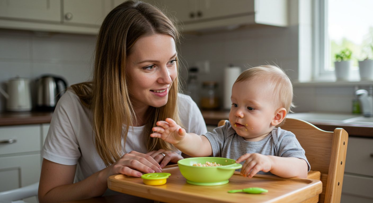 Молодая мама наблюдает за 6-месячным сыном, который тянется к каше на столе