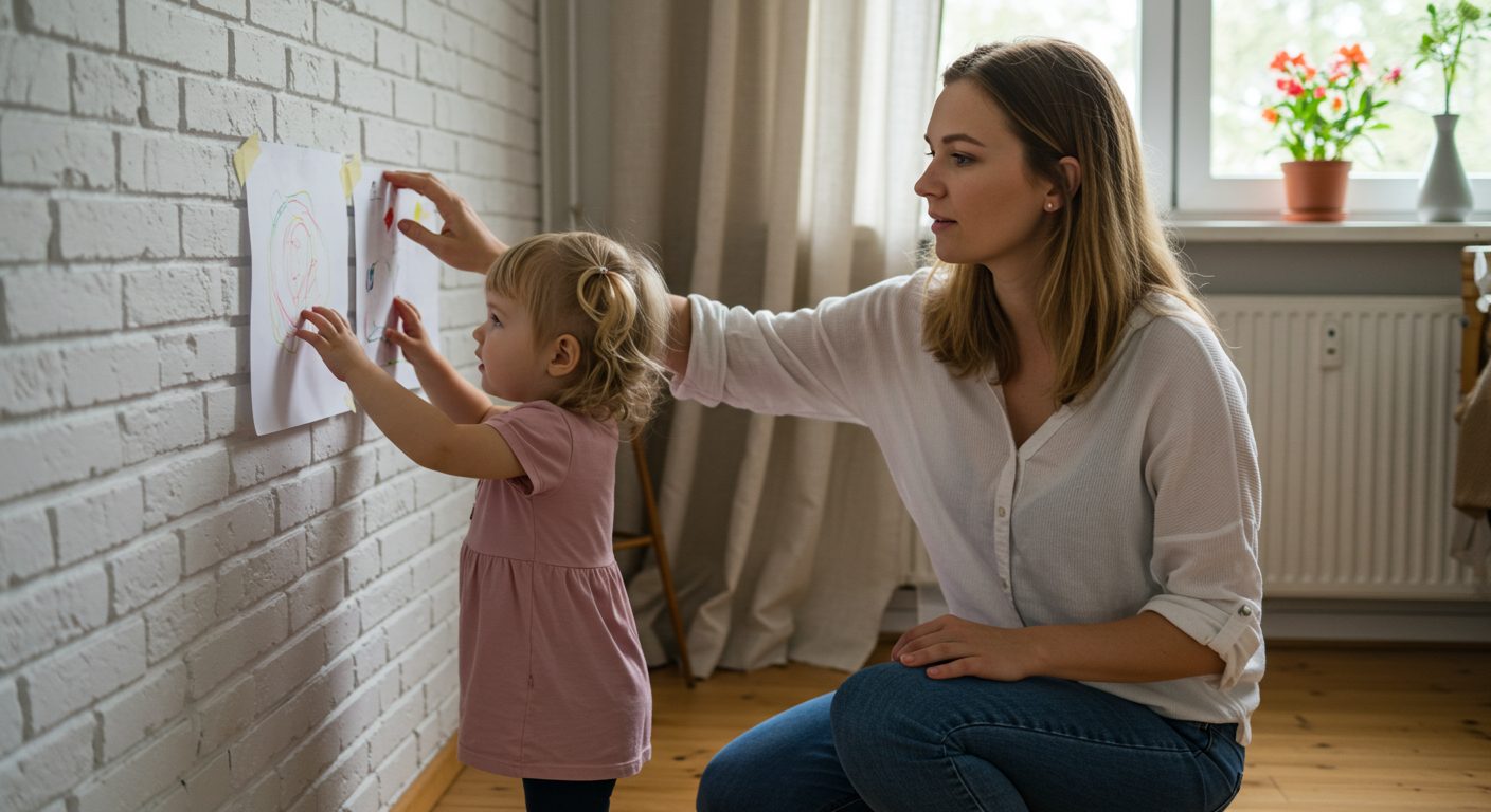 Молодая мама наблюдает за дочкой у кирпичной стены в уютной гостиной