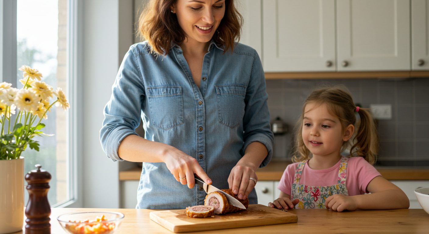 Молодая мама нарезает домашний рулет из сала на кухонной доске