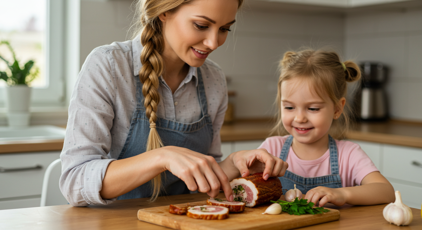 Молодая мама нарезает домашний рулет из копченого сала с зеленью на доске