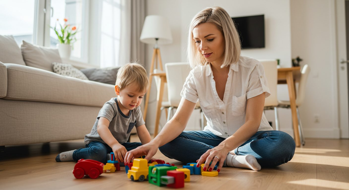 Молодая мама организует игрушки с сыном в светлой комнате