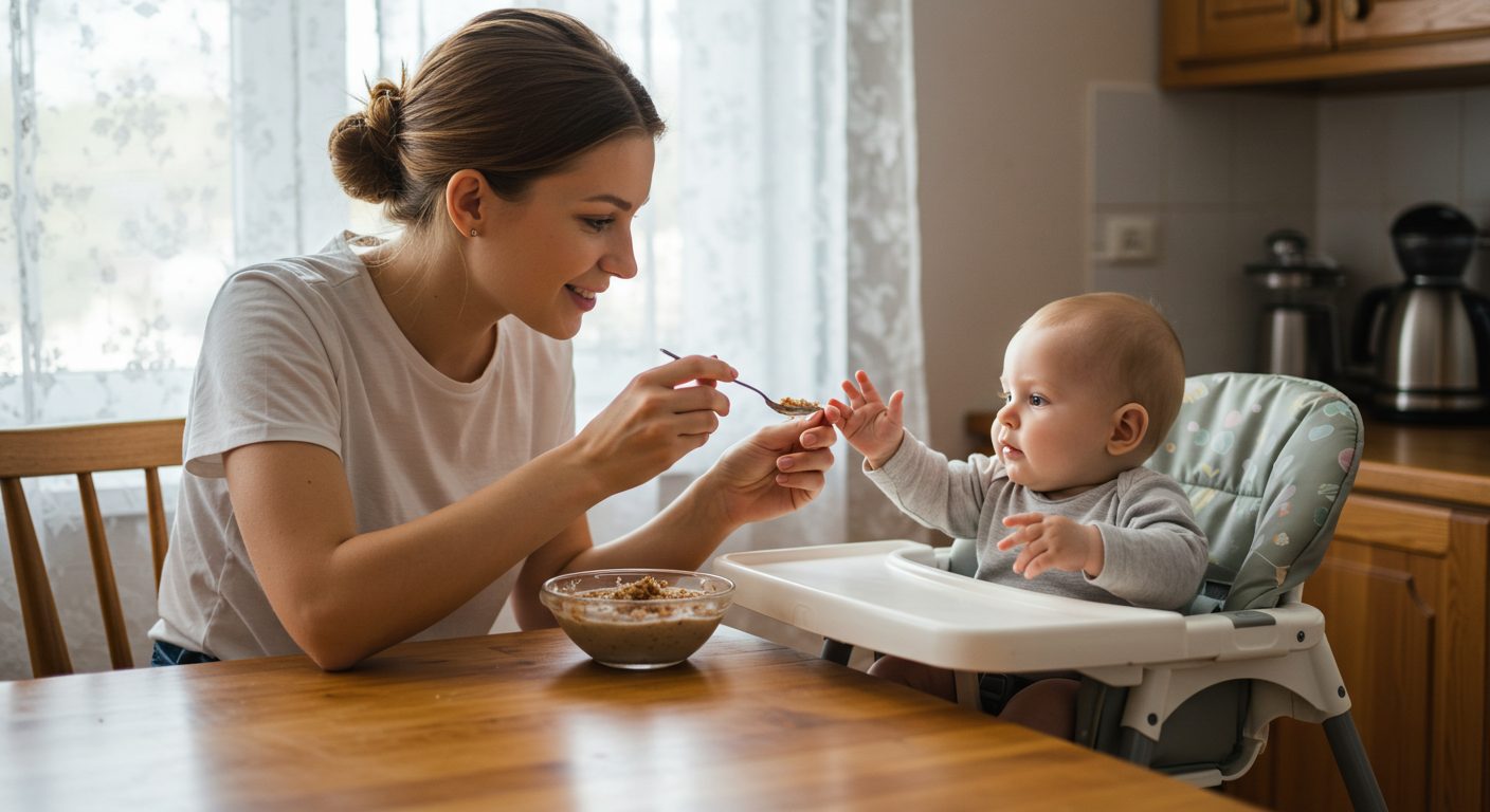 Молодая мама показывает 6-месячному малышу ложку гречневой каши на кухне