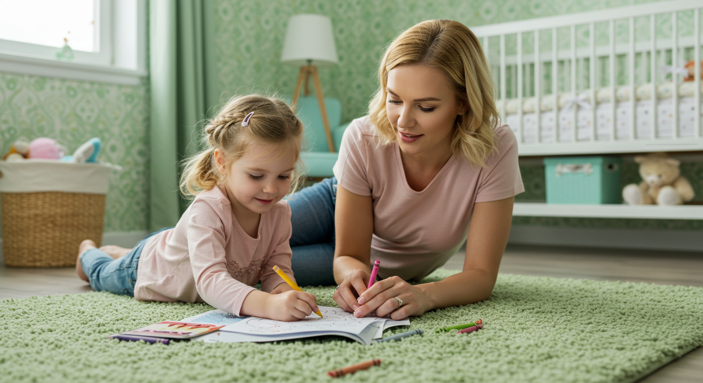 Молодая мама помогает дочери раскрашивать на светло-зеленом ковре в детской