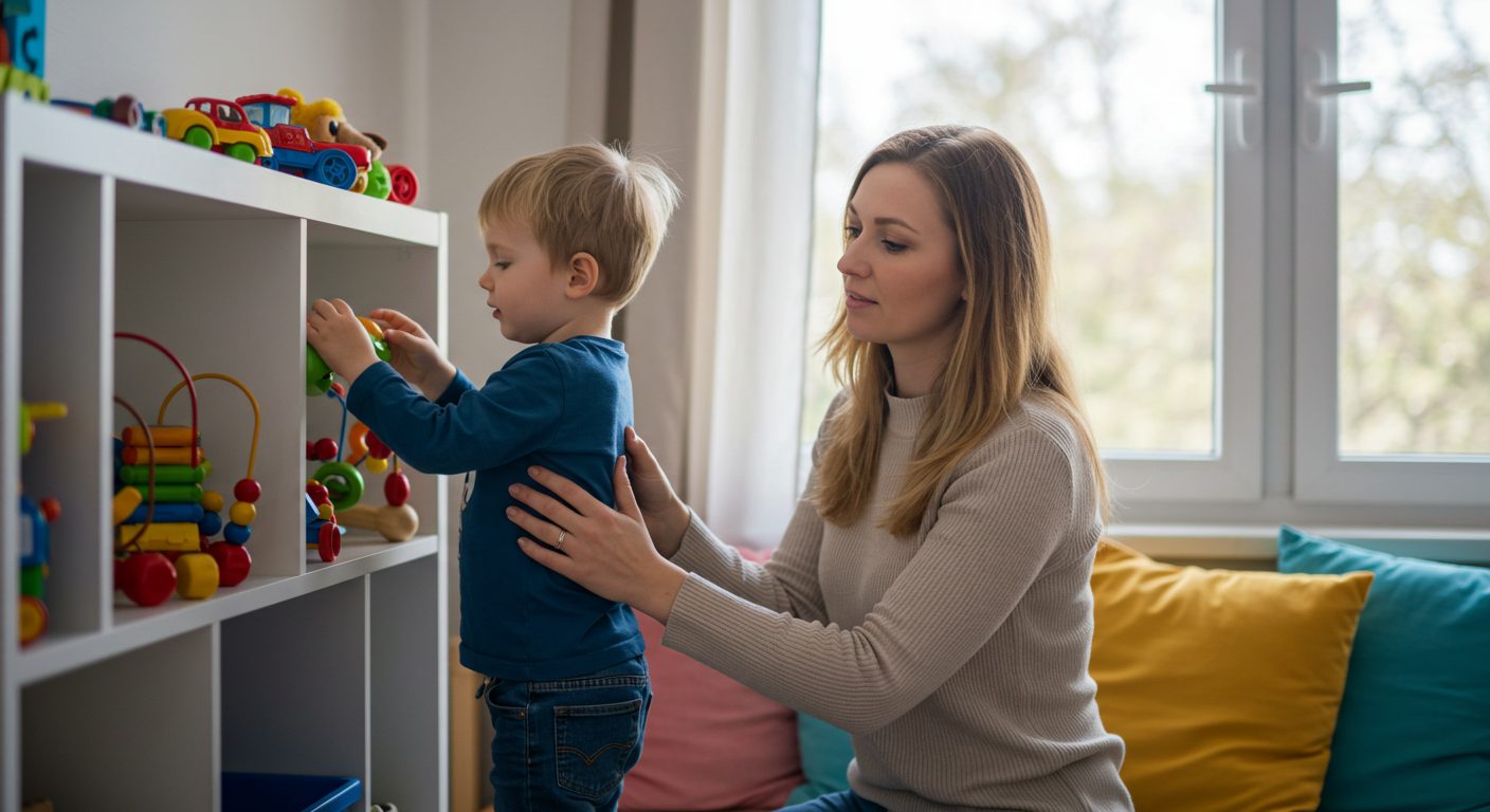 Молодая мама помогает сыну организовать игрушки в ярком детском уголке