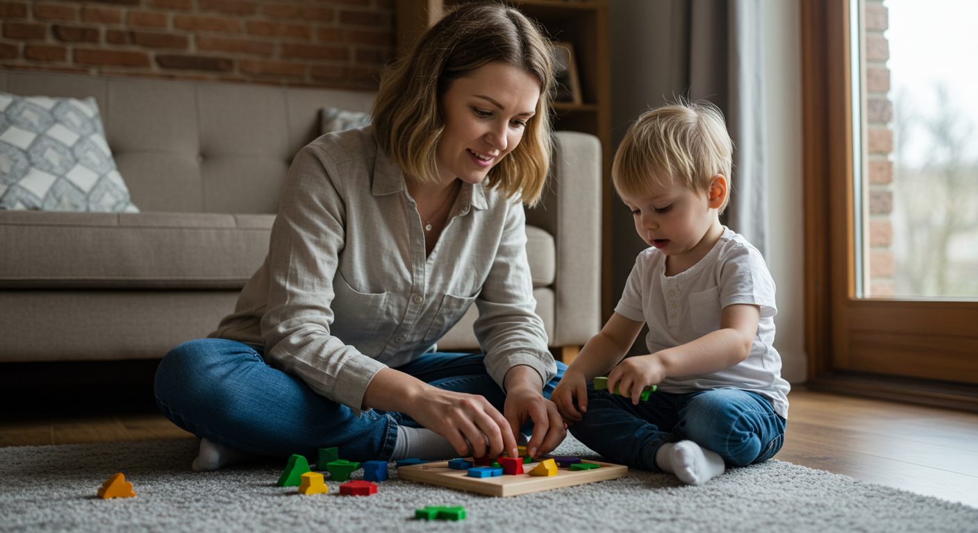 Молодая мама помогает сыну с деревянной головоломкой на фоне кирпичной стены