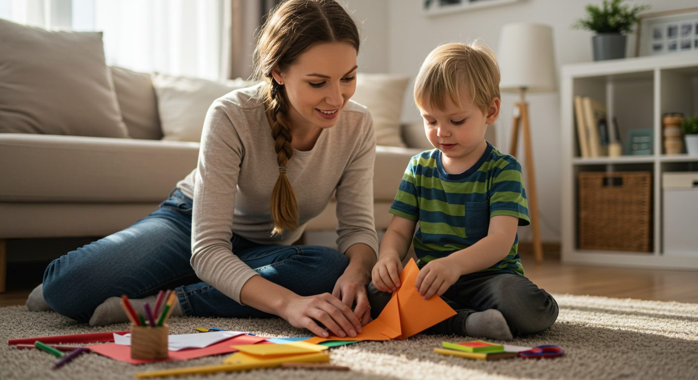 Молодая мама помогает сыну сделать оригами кота на ковре в комнате