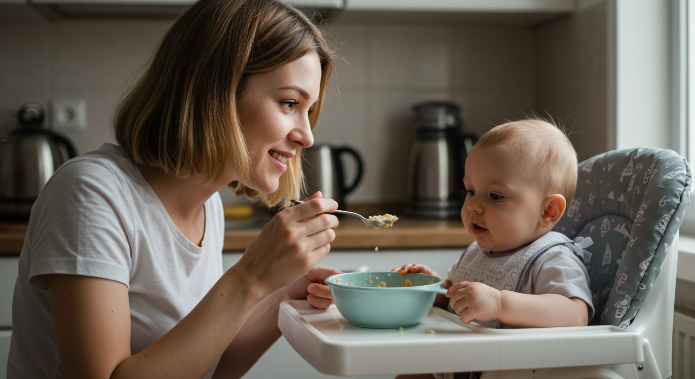 Молодая мама предлагает ложку каши своему шестимесячному сыну в уютной кухне
