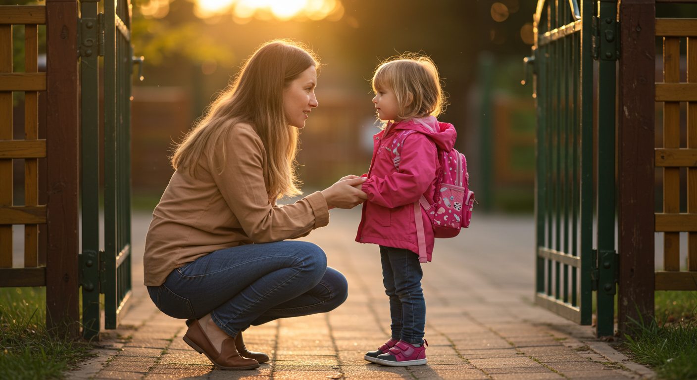 Молодая мама разговаривает с дочерью у ворот детского сада в вечернем свете