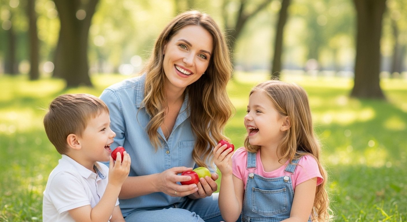Молодая мама с детьми делится фруктами на детском пикнике в парке