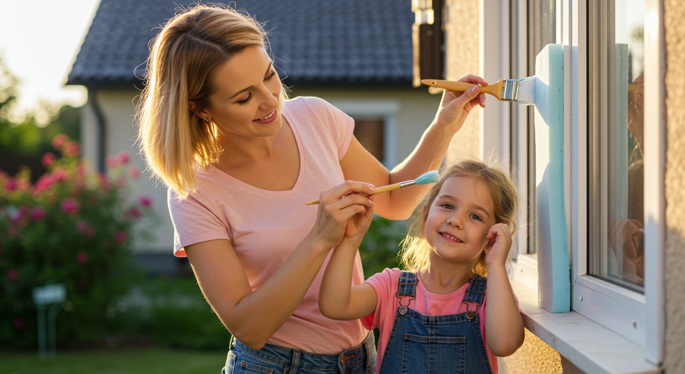 Молодая мама с дочерью декорируют окна фасада пенопластом возле дома