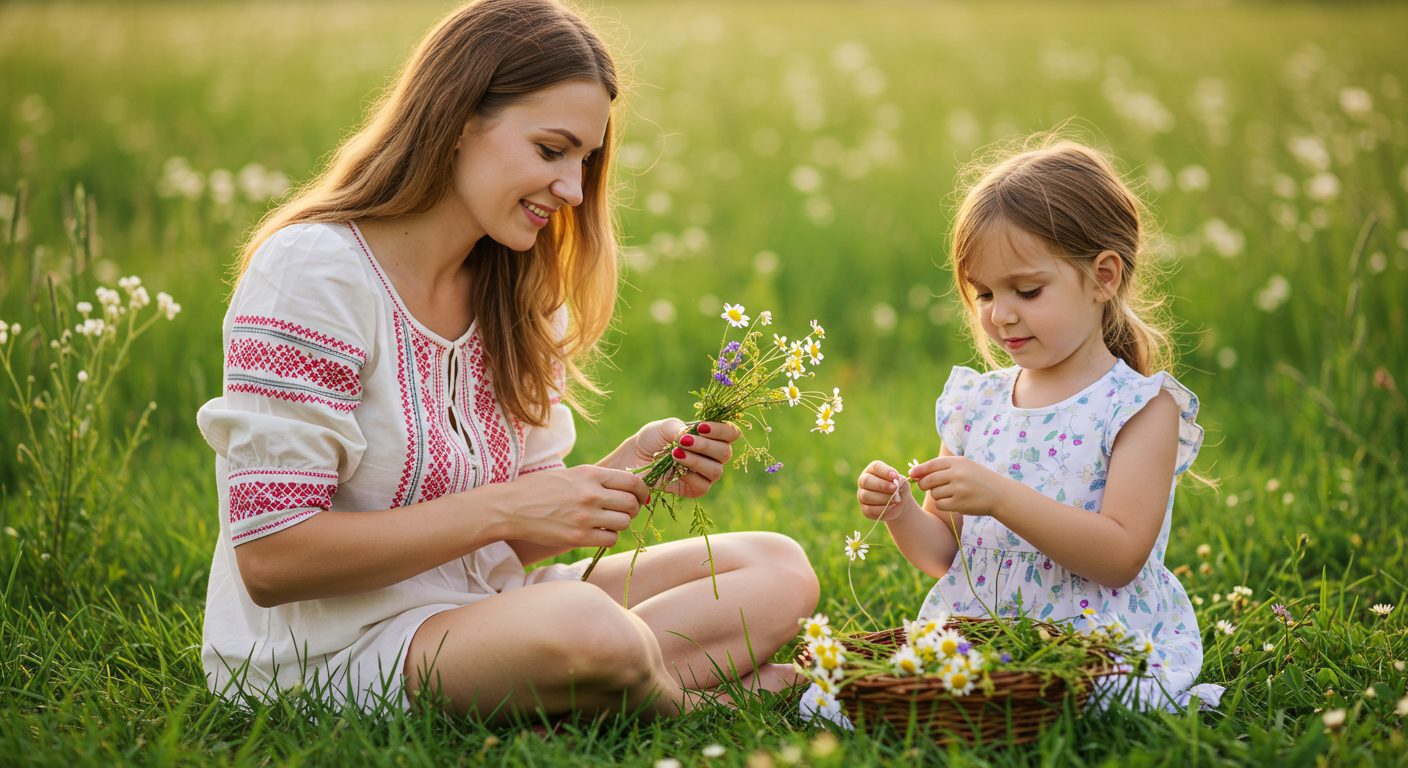 Молодая мама с дочерью плетут венок из полевых цветов на лужайке