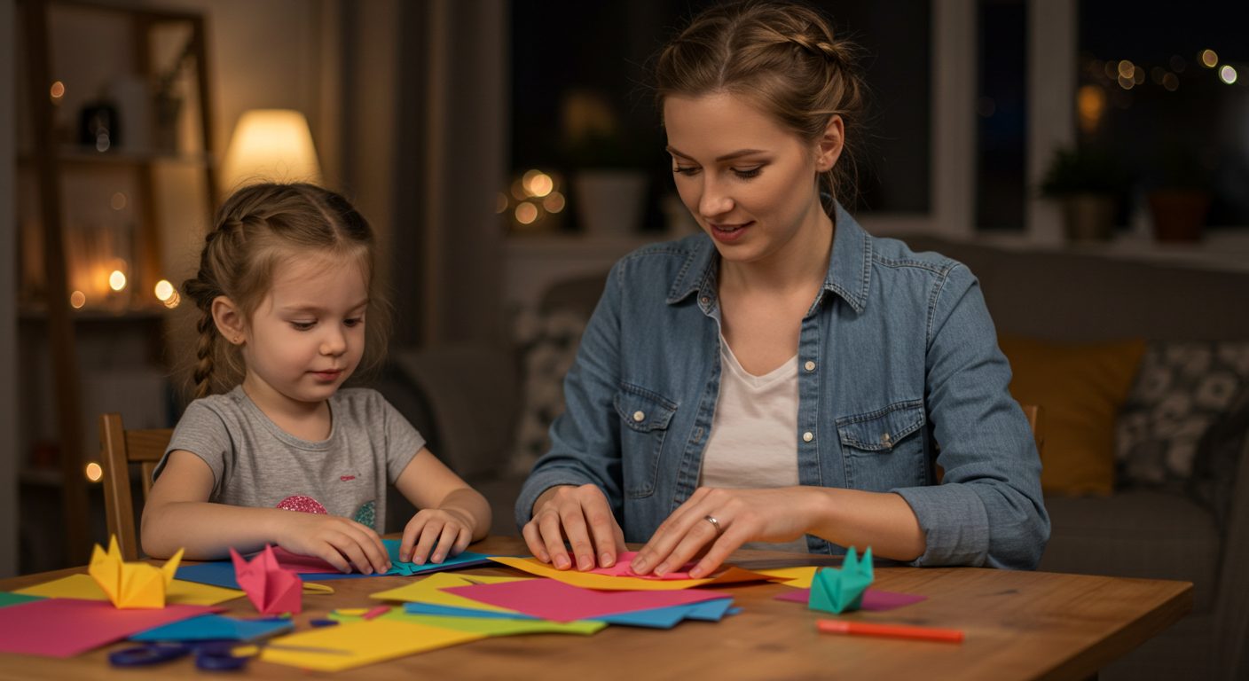 Молодая мама с дочкой складывают цветное оригами кошек за столом