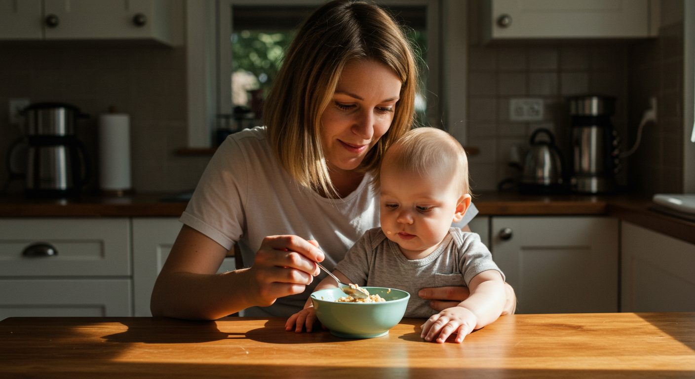 Молодая мама с ребенком смотрят на кашу на кухонном столе
