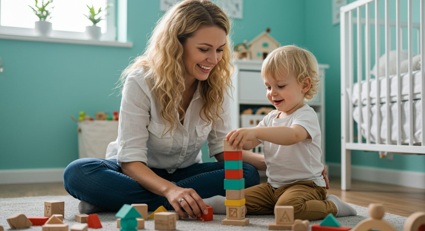 Молодая мама с сыном играет с кубиками в бирюзовой детской комнате