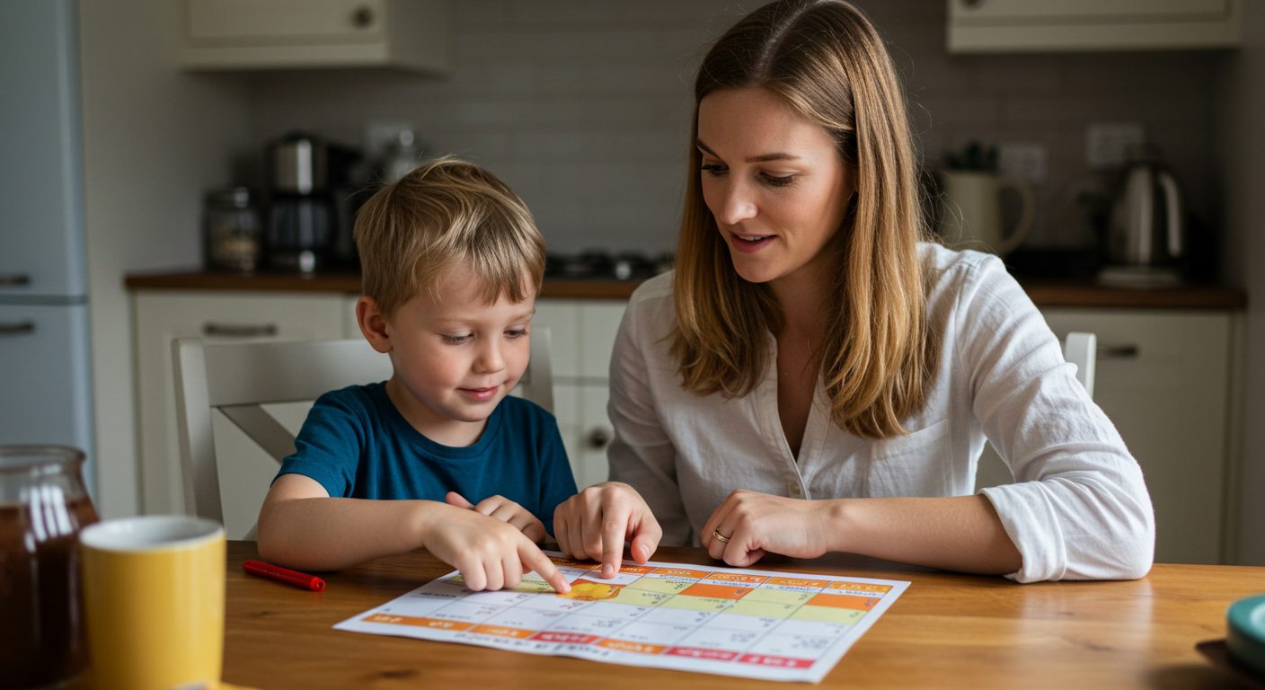 Молодая мама с сыном смотрят на график питания в уютной кухне