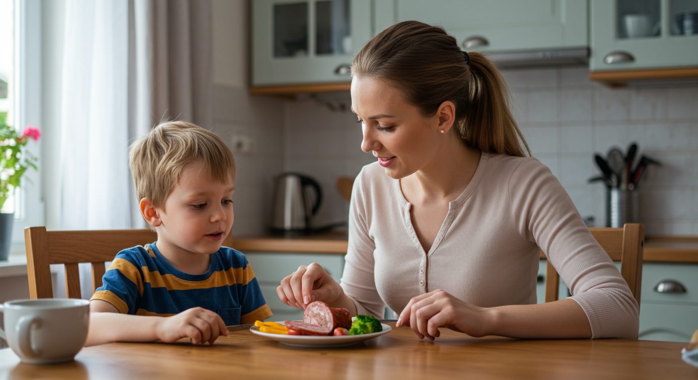 Молодая мама с сыном смотрят на мясной рулет с овощами на столе